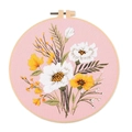DIY floral embroidery kit on pink fabric featuring white and yellow flowers in wood hoop - S840 Floral Bush(Pink&White)