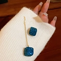 Asymmetric gold earrings with blue crystal squares and delicate chain details - 30# Silver Needle - Blue Asymmetric