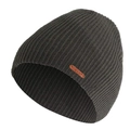 Dark grey knitted beanie hat with vertical stripe texture and a brown KLV leather patch - One Size(Adjustable) / Dark Gray