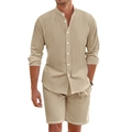 Vue de face d'un ensemble chemise lin manches longues et short kaki pour homme - S / Khaki