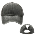 Detail view of washed grey cotton baseball cap with high ponytail hole and metal buckle - One Size / Gray