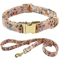 Floral pet collar and leash set with orange flowers and gold metal hardware for dogs - Leash + Collar Set / Size S(25-40cm) / Peach Pink Floral