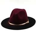 Two-tone burgundy and black wide brim wool fedora hat with gold buckle leather band - M (56-58cm) / Wine Red Black Split (09)