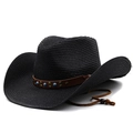 Classic black straw cowboy hat with turquoise beads and brown leather band detail - Black