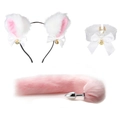 Plush cat ears headband with lace choker and fluffy pink faux fur tail accessory set - Headband+Choker+Tail with Plug / Pink 3-Piece Set