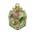 Pink enamel floral shield charm with gold border and pearl for DIY jewelry making - Blue-Green Gold-Sprinkled Pearl Rose-24428