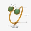 Anello regolabile in acciaio inossidabile dorato con due pietre di giada verde tonde - Verde