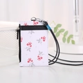 White PU leather ID holder with red floral pattern and black-and-white lanyard - Black