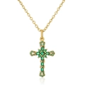Detailed view of 18K gold plated cross pendant necklace with green zircon stones - Green