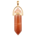 Detailed view of hexagonal orange agate gemstone pendant with polished gold metal setting - Gold O-Chain / Red Agate