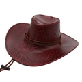 Dark red faux leather western cowboy hat with leaf texture and brown braided trim - One Size / Reddish Brown (Leaf Pattern)