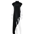 Elegant black high neck sleeveless satin blouse with draped bias cut and asymmetric hemline - S / Black