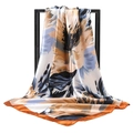 Elegant floral silk-feel square scarf in orange and grey draped on a modern stand - Coffee / 90*90cm