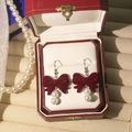Elegant wine red flocked bow earrings with double white pearl pendants for festive gifts - E5751-3 Burgundy Flocking Double Pearl Hook Style