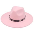 Detailed view of the pink felt jazz hat with black band and diamond metal studs - Adult (57-62cm) / Pink