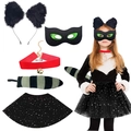 Kids Halloween cat costume set with plush ears, bell collar, mask and tutu skirt - Black Green Mask Big Tail 5-Piece Set