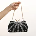Elegant beaded embroidery evening clutch bag with floral patterns and golden chain strap - 21.5cm x 12cm x 8cm / Black