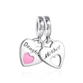 Detailed macro of silver Mother and Daughter heart charms with pink enamel for bracelets - Mother Daughter Set Pendant (PCT256)