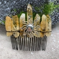 Handmade yellow crystal quartz hair comb with silver sun charm on a black metal base - Citrine Black Wire Silver Sun
