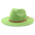 Detail of bright green straw panama hat featuring brown leather band with gold beads - Fruit Green
