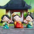 Three Chinese Tang dynasty princess bobblehead dolls in green and red with gold lettering - Ancient Style Ornament Series / Small Lady Princess 3-Piece Set (1089-21) / Set of 3