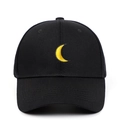 Classic black cotton baseball cap featuring a bright yellow crescent moon embroidery - Adjustable / Black
