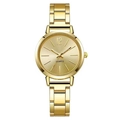 Elegant gold quartz ladies watch with sunburst dial and three-link metal bracelet strap - Gold
