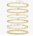 Set of 6 gold-layered bracelets including Figaro, Cuban, tennis and paperclip styles - Gold Set - Figaro/Cuban/Tennis/Bead Chain Mix