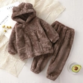 Ensemble en polaire marron pour enfant avec capuche à oreilles d'ours et pantalon - Marron / 80cm