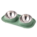 Double pet bowl set with light green non-spill base and stainless steel inserts - Olive Green (Stainless Steel Bowl) / 41*22.5*8.5cm