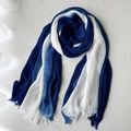 Linen blend long scarf featuring blue and white gradient stripes with fringe details - 200*95CM / Blue & White Gradient