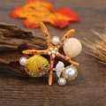 Broche de estrella de mar naranja con diamantes de color, perlas y conchas de mar - Naranja