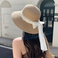 Cappello di paglia a tesa larga con fiocco in rete bianca e decorazioni di perle - Perla Pizzo Cachi (D-383)