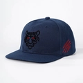Detailed embroidery of a black tiger head and red claw marks on a navy blue flat brim cap - Adjustable / Navy Blue