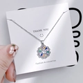 Silver tulip necklace with colorful zircon pendant on a fashion accessories card - 1105 Colorful Radiant Flower Necklace