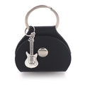 Portapúas de cuero negro con colgante de guitarra y llavero de metal plateado - Bolsa de púas negra + colgante de guitarra plateado