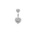 Silver stainless steel belly button ring featuring double heart-shaped cubic zirconia - XY-4 Full Pave Double Heart