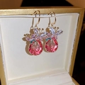 French vintage gold butterfly earrings with pear-cut pink crystal drops for women - 35# Gold & Pink Butterfly Ear Hook