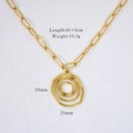 Vista detallada del collar de cadena bañada en oro 14K con dimensiones y peso real - Colgante Espiral De Varios Anillos Irregular (XB2406007-1)