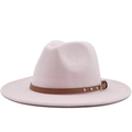 Light pink wool fedora hat with a flat brim and studded brown leather belt buckle band - Pink