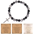 Bracciale di perle occhio di tigre con ciondolo a croce e tre biglietti per uomo - Biglietto Per Mio Figlio / Bracciale in pietra di mappa da 8 mm
