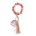 Pink and orange beaded Mama keychain bracelet with leopard heart and rainbow charm - Apricot (Pure Wood Bead)