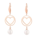 Rose gold hollow heart drop earrings with white pearl accents on white background - Rose Gold Heart (KE80014-GC)