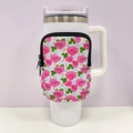 Close-up of neoprene 40oz tumbler sleeve with pink floral print and zipper pouch - No. 14 Pink Flower