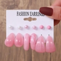 Set of 6 pairs of pink heart earrings and faux pearl studs for women fashion - Pink Resin Geometric Shape Set(E0377-1)