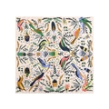 Colorful bird and floral pattern square silk scarf displayed flat on a white background - Large Style / Beige Bird and Flower Print (S-13)