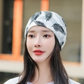 Breathable white headscarf beanie with stylish black and gray feather print for women - M (56-58cm) / Tropical Leaves Black