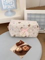 Gesteppte cremefarbene Bären-Kosmetiktasche mit Blumenmustern und rosa Schleife - Bären-Schätzchen (Aufbewahrungstasche)