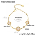 18k gold plated stainless steel bracelet with square pink glass stones and beads - Champagne Glass Stone Gold Bracelet / 16.5+5cm