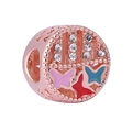 Detailed view of rose gold charm with clear rhinestones and colorful enamel butterflies - Butterfly Hollow Style